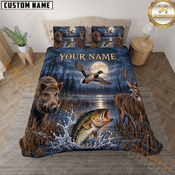 Maxcorners Night Hunter Wildlife Full Moon Deer Boar Bass Duck Personalized Name 3D Bedding Set