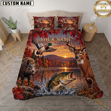 Maxcorners Autumn Wildlife Outdoors Fall Forest Deer Bass Duck Boar Personalized Name 3D Bedding Set