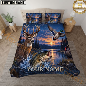 Maxcorners Wildlife Outdoors Deer Bass Mallard Duck Turkey Sunset Personalized Name 3D Bedding Set