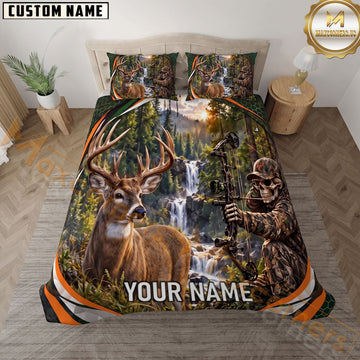 Maxcorners Bow Hunter Deer Skull Waterfall Forest Camo Personalized Name 3D Bedding Set