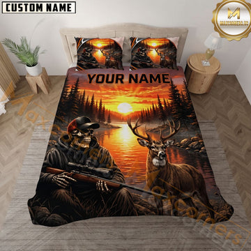 Maxcorners Skeleton Hunter Whitetail Deer Sunset Lake Rifle Hunter Personalized Name 3D Bedding Set