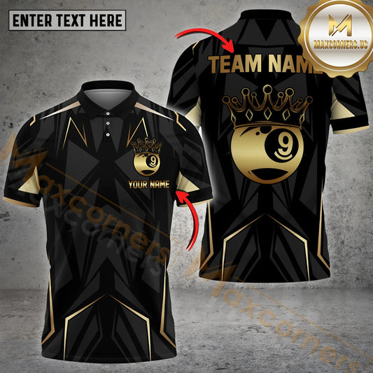 Maxcorners Billiard 9 Ball Crown King Pattern Multicolor Options Personalized Name, Team Name 3D Polo Shirt (4 Colors)