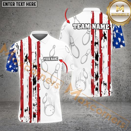 Maxcorner Bowling Ball & Pins Flag Half Pattern Multicolor Option Customized Name 3D Shirt (2 Colors)
