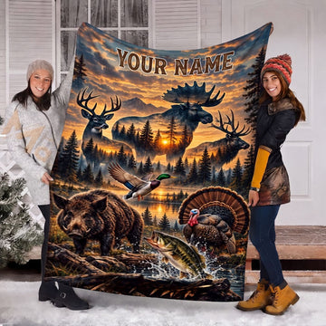 Maxcorners Wildlife Hunting Buck Moose Elk Boar Duck Bass Forest Sunset Double Exposure Personalized Name 3D Blanket