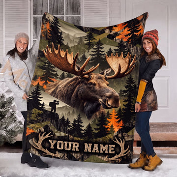 Maxcorners Bull Moose Hunting Hunter Silhouette Antler Border Mountain Pine Forest Camo Personalized Name 3D Blanket
