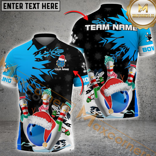 Maxcorners Bowling Ball And Pins Xmas Flower Snow Premium Multicolor Option Customized Name, Team Name 3D Shirt (4 colors)