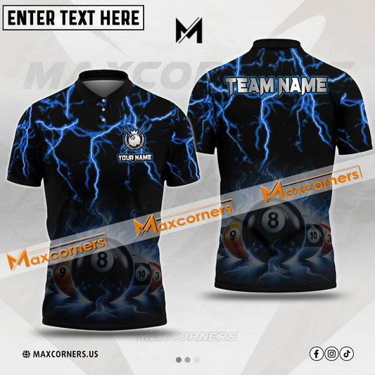 Maxcorners Billiard Thunder Fire Ball Pattern Multicolor Options Personalized Name, Team Name 3D Polo Shirt (4 Colors)