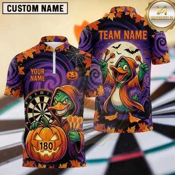 Maxcorners Darts Spooky Halloween Sorcerer Waterfowl Character Hooded Cloak Jack O Lantern Pumpkin Bats Dartboard 180 Points Multi Options Personalized Name, Team Name Unisex 3D Shirt