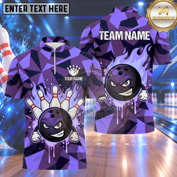 Maxcorners Bowling Fierce Smirking Bowling Ball Character Fire Flames Paint Splatter Geometric Camo Pattern Multi Options Personalized Name, Team Name Unisex 3D Shirt (4 Colors)