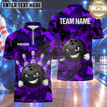 Maxcorners Bowling Evil Smile Bowling Ball Character Fiery Aura Splatter Paint Geometric Camouflage Multi Options Personalized Name, Team Name Unisex 3D Shirt (4 Colors)