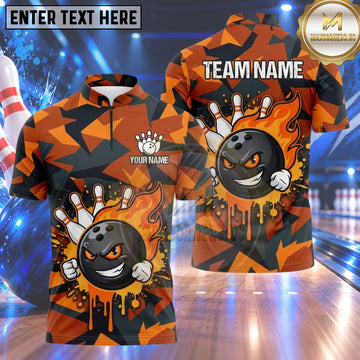 Maxcorners Bowling Grinning Bowling Ball Character Fiery Flames Paint Dripping Crashing Pins Camo Pattern Multi Options Personalized Name, Team Name Unisex 3D Shirt (4 Colors)