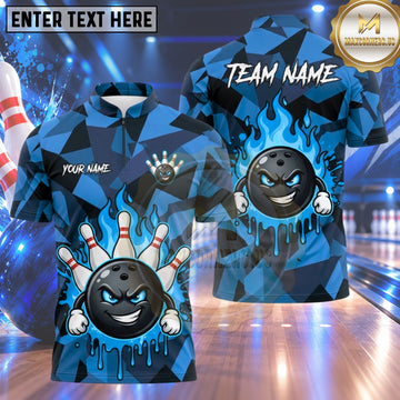 Maxcorners Bowling Mean Smile Bowling Ball Character Dripping Liquid Fiery Flame Trail Crashing Pins Polygon Background Multi Options Personalized Name, Team Name Unisex 3D Shirt (4 Colors)