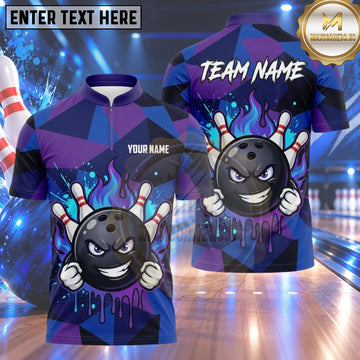 Maxcorners Bowling Angry Smirking Bowling Ball Character Fiery Flame Aura Crashing Pins Geometric Pattern Multi Options Personalized Name, Team Name Unisex 3D Shirt (4 Colors)