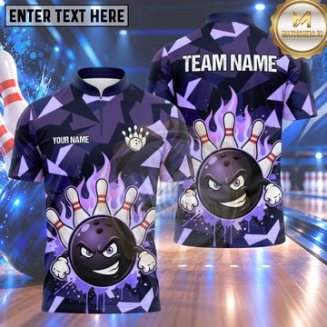 Maxcorners Bowling Angry Bowling Ball Character Fiery Flame Aura Crashing Pins Abstract Geometric Camouflage Multi Options Personalized Name, Team Name Unisex 3D Shirt (4 Colors)
