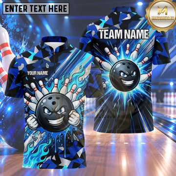 Maxcorners Bowling Aggressive Bowling Ball Character Clenched Fists Crashing Pins Energy Speed Lines Geometric Camouflage Multi Options Personalized Name, Team Name Unisex 3D Shirt (4 Colors)