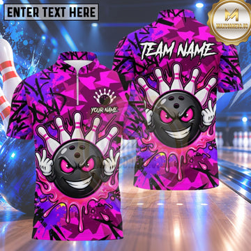 Maxcorners Bowling Cool Bowling Ball Character Rock Sign Gesture Liquid Splatter Camo Pattern Abstract Multi Options Personalized Name, Team Name Unisex 3D Shirt (4 Colors)