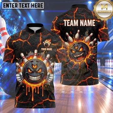 Maxcorners Bowling Three Eyed Monster Bowling Ball Character Evil Smile Fiery Flame Lightning Cracked Texture Multi Options Personalized Name, Team Name Unisex 3D Shirt (4 Colors)