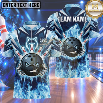 Maxcorners Bowling Wild Beast Wolf Howling Silhouette Bowling Ball Character Freezing Ice Flame Frost Icicles Multi Options Personalized Name, Team Name Unisex 3D Shirt (4 Colors)