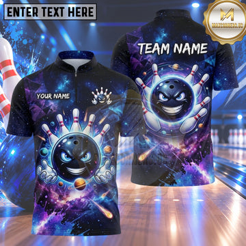 Maxcorners Bowling Galaxy Cosmic Space Bowling Ball Character Planets Shooting Stars Nebula Galaxy Background Multi Options Personalized Name, Team Name Unisex 3D Shirt (4 Colors)