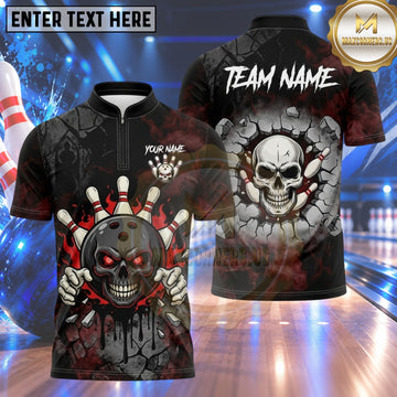 Maxcorners Bowling Fiery Skull Bowling Ball Character Wall Smash Cracking Wall Fiery Aura Crashing Pins Multi Options Personalized Name, Team Name Unisex 3D Shirt (4 Colors)