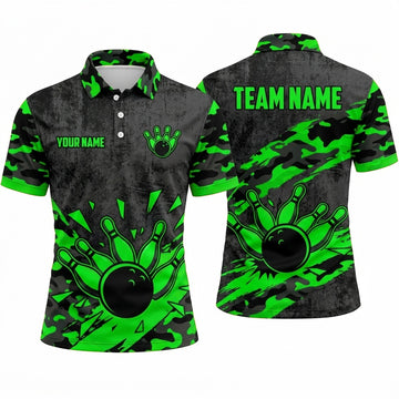 Maxcorners Bowling Polo Shirt Camouflage Pattern Grunge Texture Splatter Ball Pins Personalized Custom Team Player Name Apparel (3 Color)