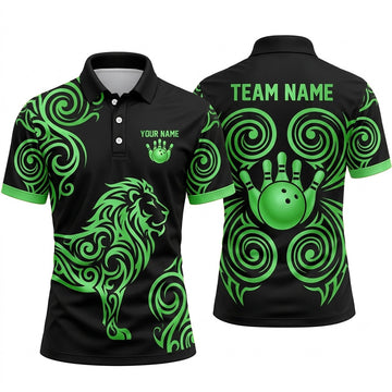 Maxcorners Bowling Polo Shirt Tribal Tattoo Swirl Lion Silhouette Pattern Ball Pins Multi Options Personalized Name, Team Name Unisex 3D Shirt (4 Colors)