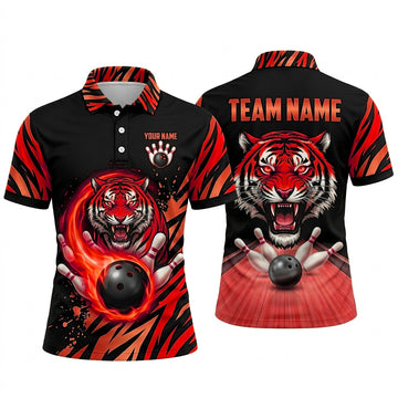 Maxcorners Bowling Polo Shirt Tiger Mascot Flame Energy Splatter Stripes Ball Pins Multi Options Personalized Name, Team Name Unisex 3D Shirt (4 Colors)