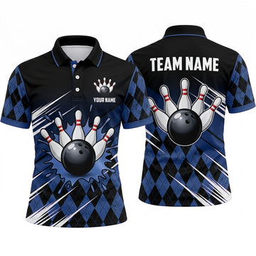 Maxcorners Bowling Polo Shirt Argyle Pattern Paint Splash Speed Lines Ball Pins Multi Options Personalized Name, Team Name Unisex 3D Shirt (4 Colors)