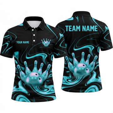 Maxcorners Bowling Polo Shirt Liquid Swirl Marble Wave Energy Flow Ball Pins Multi Options Personalized Name, Team Name Unisex 3D Shirt (4 Colors)