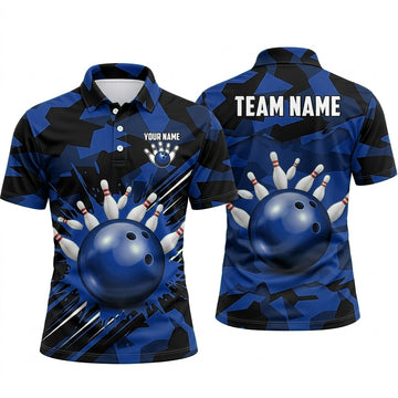 Maxcorners Bowling Polo Shirt Camouflage Pattern Geometric Angular Splatter Ball Pins Multi Options Personalized Name, Team Name Unisex 3D Shirt (4 Colors)