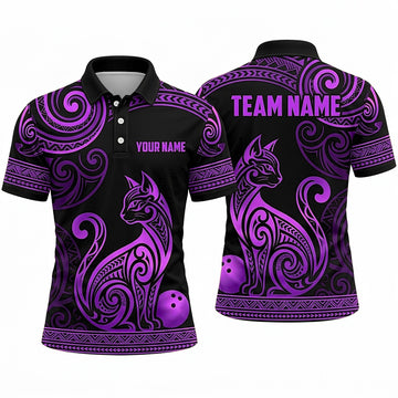 Maxcorners Bowling Polo Shirt Tribal Tattoo Pattern Cat Silhouette Feline Mascot Ball Pins Multi Options Personalized Name, Team Name Unisex 3D Shirt (4 Colors)