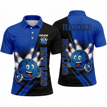 Maxcorners Bowling Polo Shirt Funny Mascot Character Smiling Face Halftone Dots Ball Pins Multi Options Personalized Name, Team Name Unisex 3D Shirt (3 Colors)