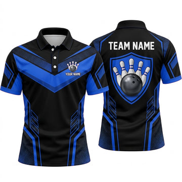 Maxcorners Bowling Polo Shirt Shield Crest Emblem Chevron Stripes Halftone Pattern Ball Pins Multi Options Personalized Name, Team Name Unisex 3D Shirt (4 Colors)