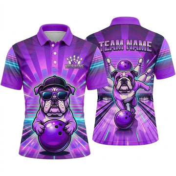 Maxcorners Bowling Polo Shirt Bulldog Dog Sunglasses Cap Alley Lane Speed Rays Ball Pins Multi Options Personalized Name, Team Name Unisex 3D Shirt (4 Colors)