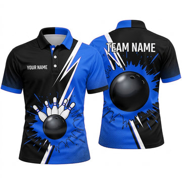 Maxcorners Bowling Polo Shirt Two Tone Split Paint Splash Ink Halftone Dots Ball Pins Multi Options Personalized Name, Team Name Unisex 3D Shirt (4 Colors)