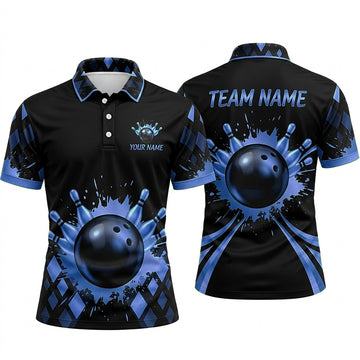 Maxcorners Bowling Polo Shirt Ink Splatter Splash Diamonds Pattern Ball Pins Personalized Custom Team Player Name Apparel (4 Color)