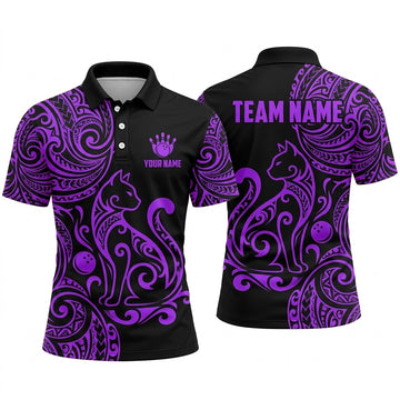 Maxcorners Bowling Polo Shirt Tribal Tattoo Swirl Cat Silhouette Feline Mascot Ball Pins Multi Options Personalized Name, Team Name Unisex 3D Shirt (4 Colors)