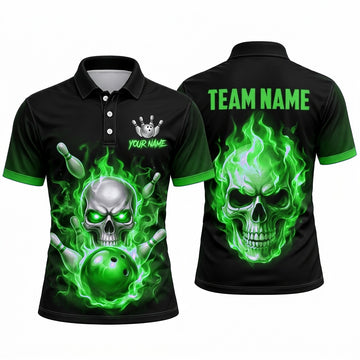 Maxcorners Bowling Polo Shirt Screaming Skull Flaming Fire Glowing Eyes Inferno Ball Pins Multi Options Personalized Name, Team Name Unisex 3D Shirt (4 Colors)