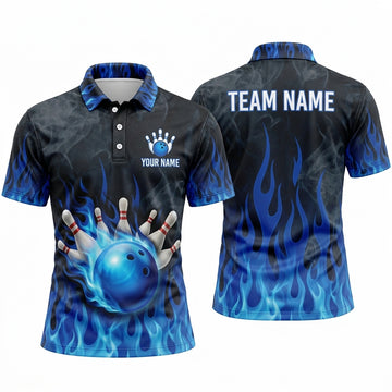 Maxcorners Bowling Polo Shirt Blaze Fire Flames Smoke Effect Alley Lane Speed Ball Pins Multi Options Personalized Name, Team Name Unisex 3D Shirt (4 Colors)