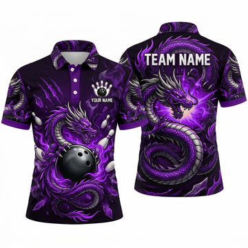 Maxcorners Bowling Polo Shirt Coiled Dragon Flames Mystic Energy Claws Claw Marks Ball Pins Multi Options Personalized Name, Team Name Unisex 3D Shirt (4 Colors)