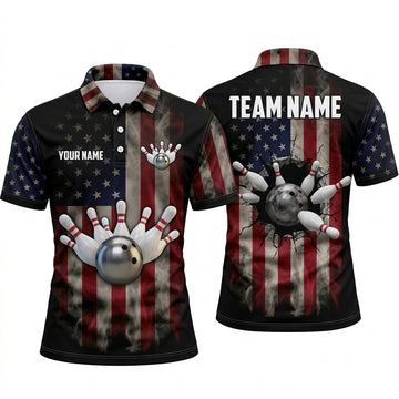 Maxcorners Bowling Polo Shirt American USA Flag Stars Stripes Cracked Wall Fog Ball Pins Multi Options Personalized Name, Team Name Unisex 3D Shirt