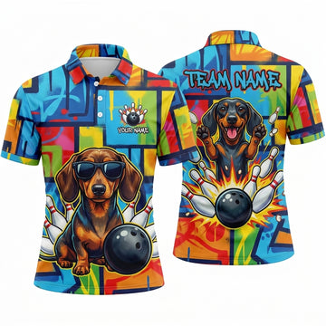 Maxcorners Bowling Polo Shirt Dachshund Dog Sunglasses Graffiti Street Art Splatter Blocks Ball Pins Multi Options Personalized Name, Team Name Unisex 3D Shirt