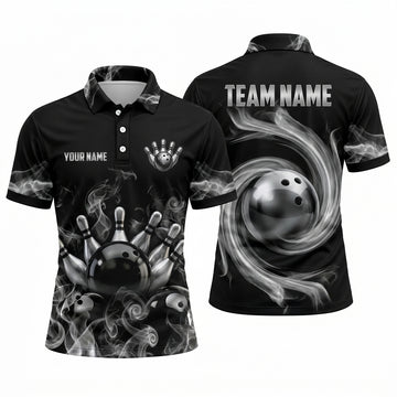Maxcorners Bowling Polo Shirt Foggy Smoke Whirlwind Vortex Dark Atmosphere Alley Ball Pins Multi Options Personalized Name, Team Name Unisex 3D Shirt