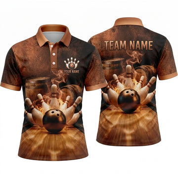 Maxcorners Bowling Polo Shirt Wooden Barrels Fire Flames Smoke Effect Alley Lane Ball Pins Multi Options Personalized Name, Team Name Unisex 3D Shirt