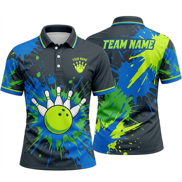 Maxcorners Bowling Polo Shirt Paint Splatter Splash Ink Burst Abstract Pattern Ball Pins Multi Options Personalized Name, Team Name Unisex 3D Shirt