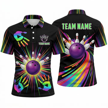 Maxcorners Bowling Polo Shirt Colorful Rainbow Handprints Paint Splatter Speed Motion Rays Ball Pins Multi Options Personalized Name, Team Name Unisex 3D Shirt