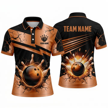 Maxcorners Bowling Polo Shirt Cracked Stone Earth Explosion Lightning Strike Blast Impact Ball Pins Multi Options Personalized Name, Team Name Unisex 3D Shirt