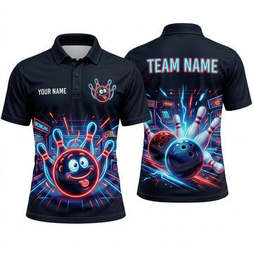 Maxcorners Bowling Polo Shirt Neon Glow Arcade Smile Face Character Retro Gaming Rays Ball Pins Multi Options Personalized Name, Team Name Unisex 3D Shirt