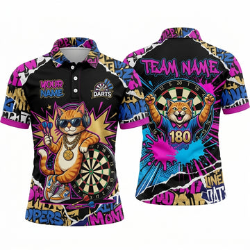 Maxcorners Darts Polo Shirt Cool Cat Mascot Sunglasses Gold Chain Headphones Sneakers Street Art Graffiti Multi Options Personalized Name, Team Name Unisex 3D Shirt