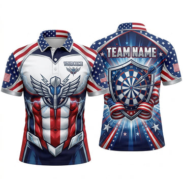 Maxcorners Darts Polo Shirt Superhero Armor Muscular Chest USA American Flag Stars Stripes Lightning Wings Target Board Multi Options Personalized Name, Team Name Unisex 3D Shirt
